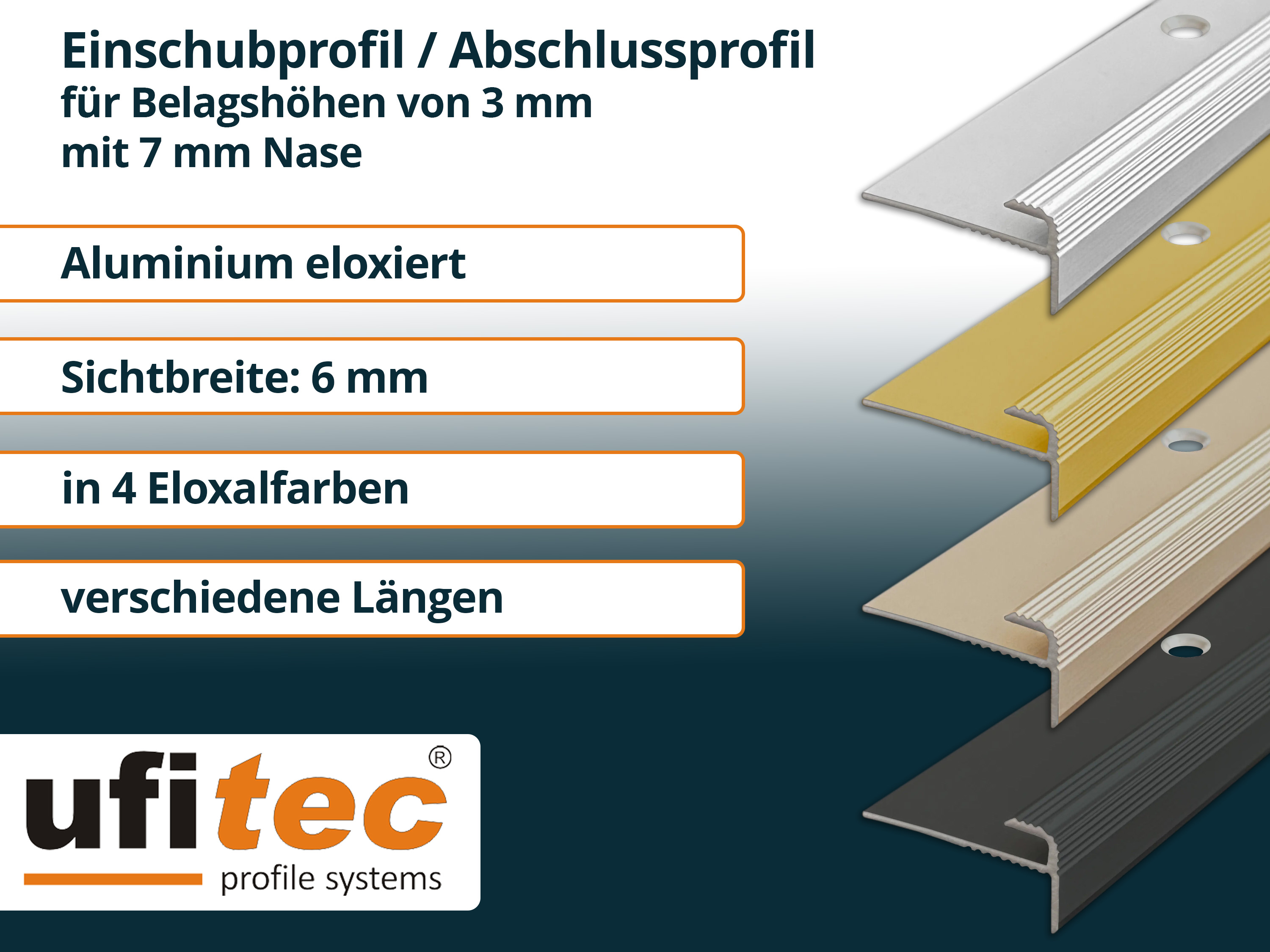 ufitec® Einschubprofil für Belagshöhen bis 3 mm mit 7 mm Nase Treppen-/Stufen Abschlussprofil