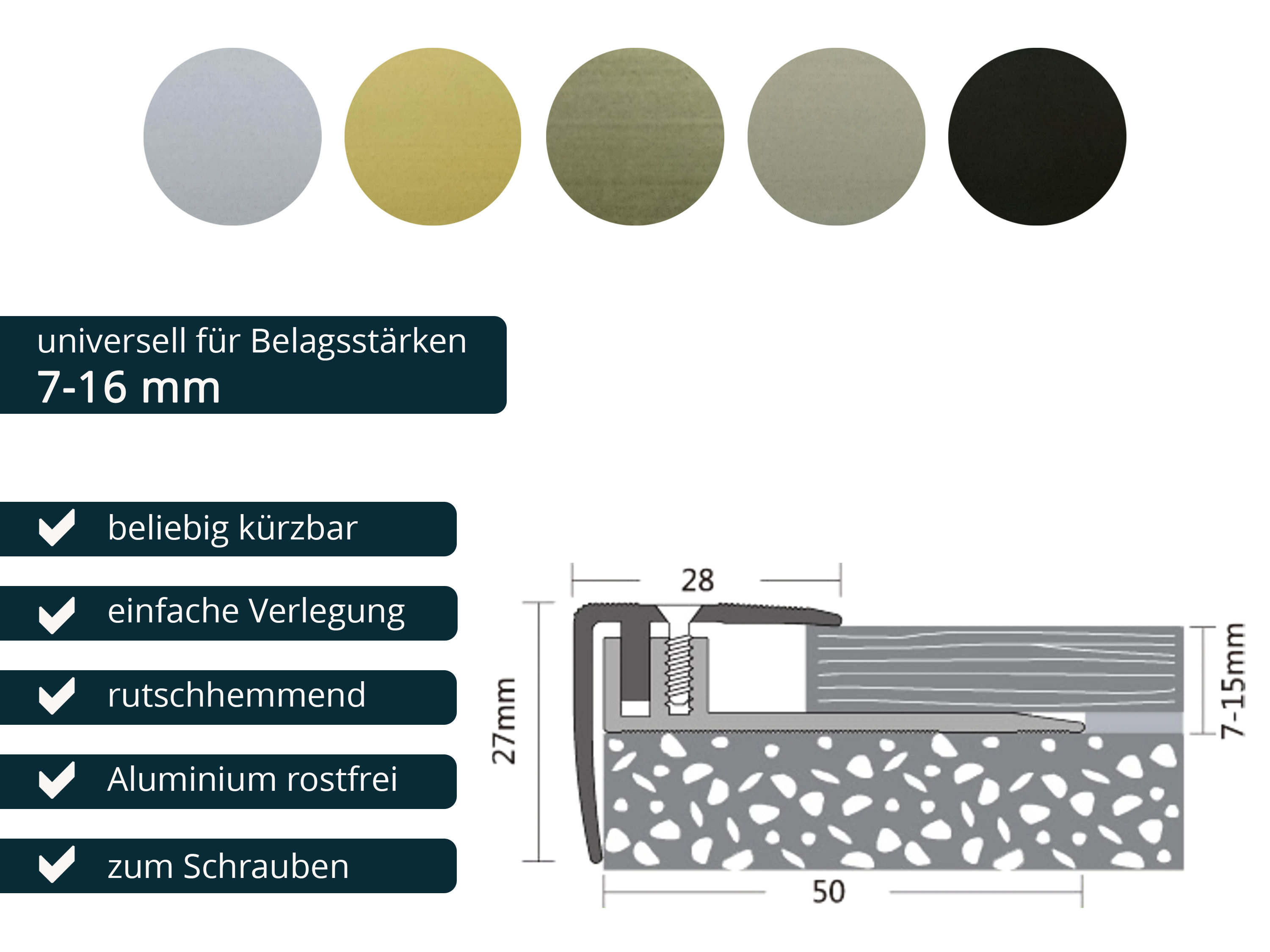 ufitec® Treppenkantenprofil - TPL PROFI - für Belagshöhen von 7-16 - Sichtkante: 28 mm, Nase: 27 mm