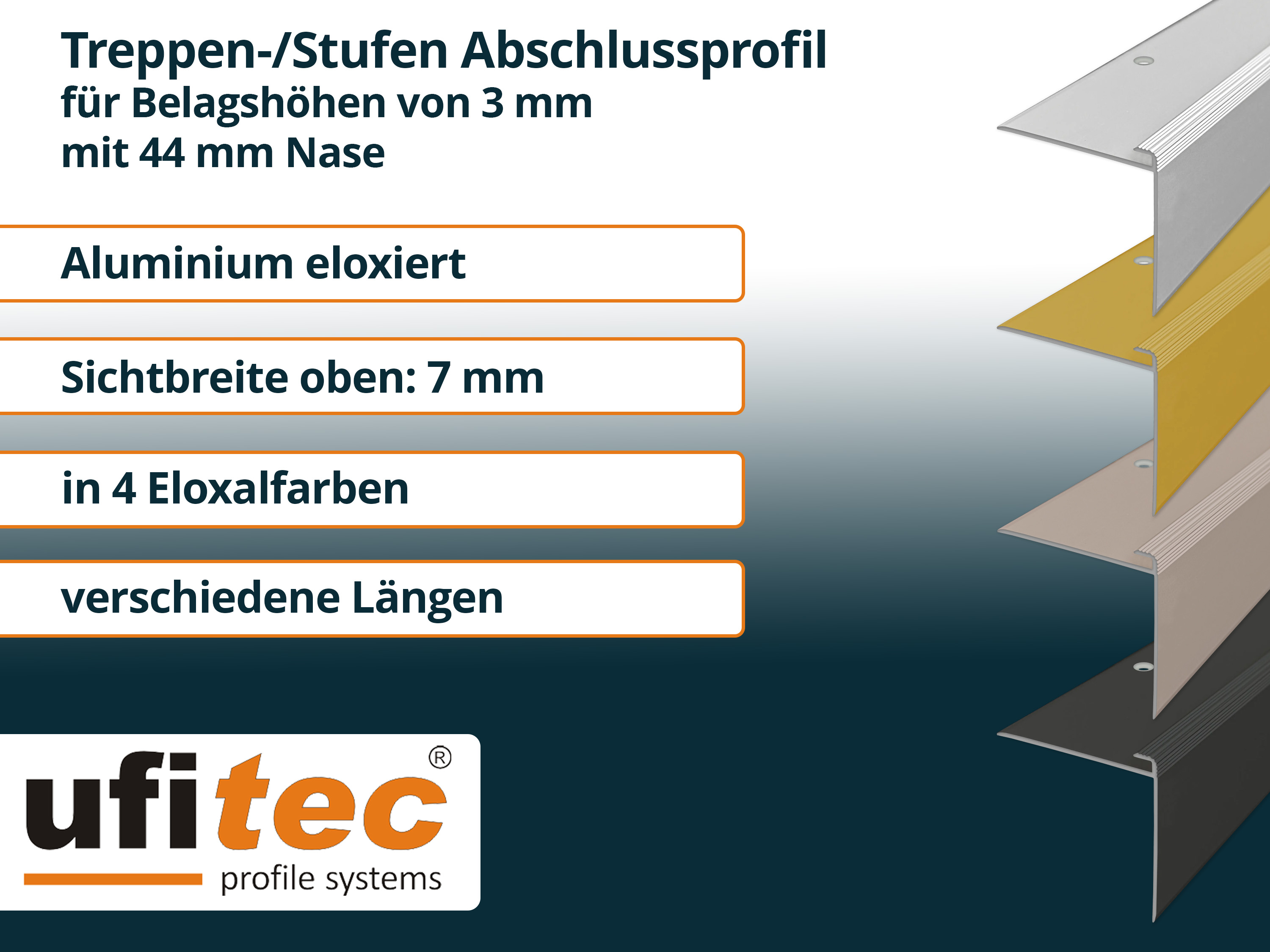 ufitec® Einschubprofil für Belagshöhen bis 3 mm mit 44 mm Nase Treppen-/Stufen Abschlussprofil