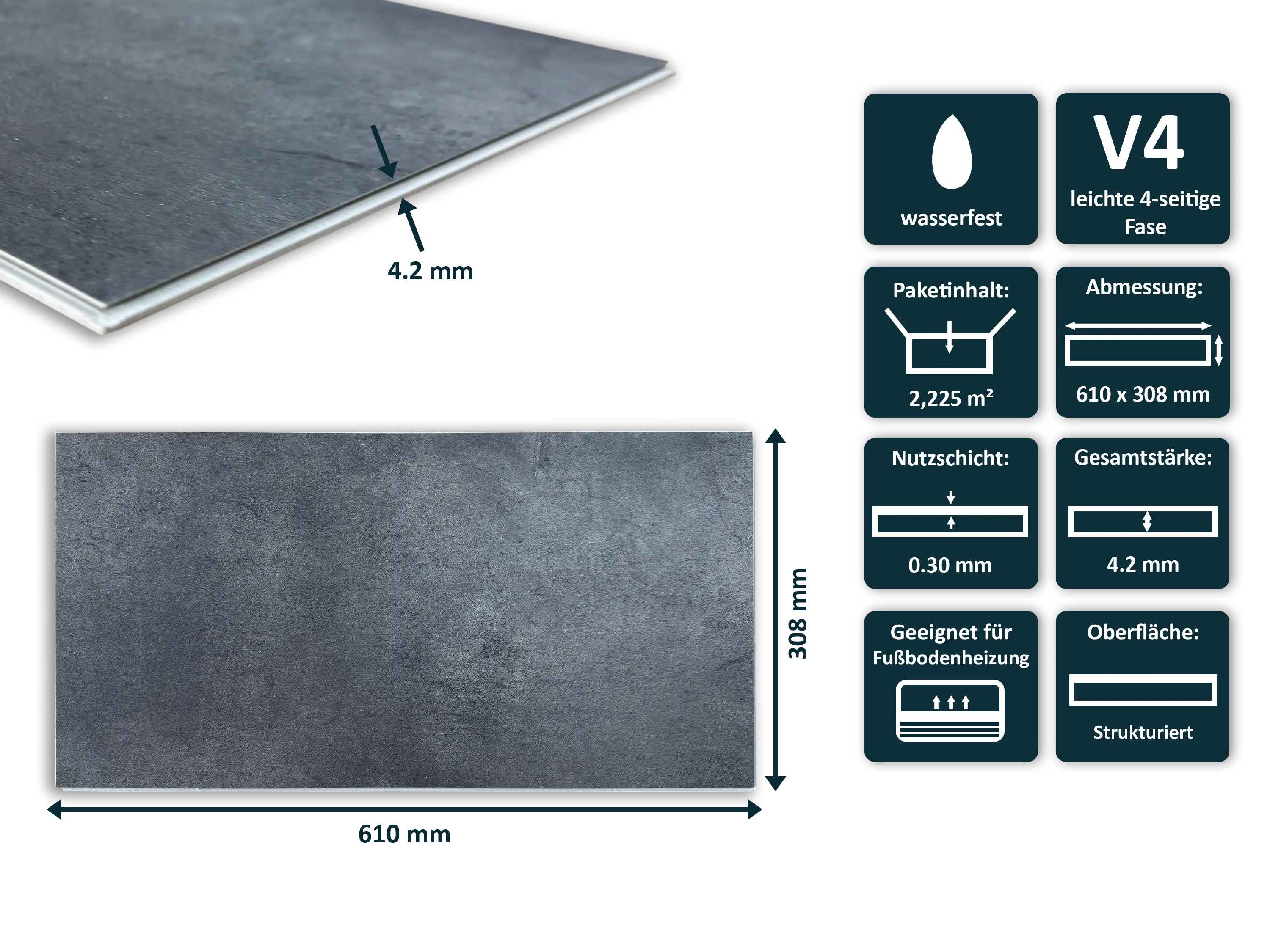 TRECOR® Klick Vinylboden Fliesenoptik - Stone Dark mit V- Fuge 4.2 mm mit 0.3 mm Nutzschicht