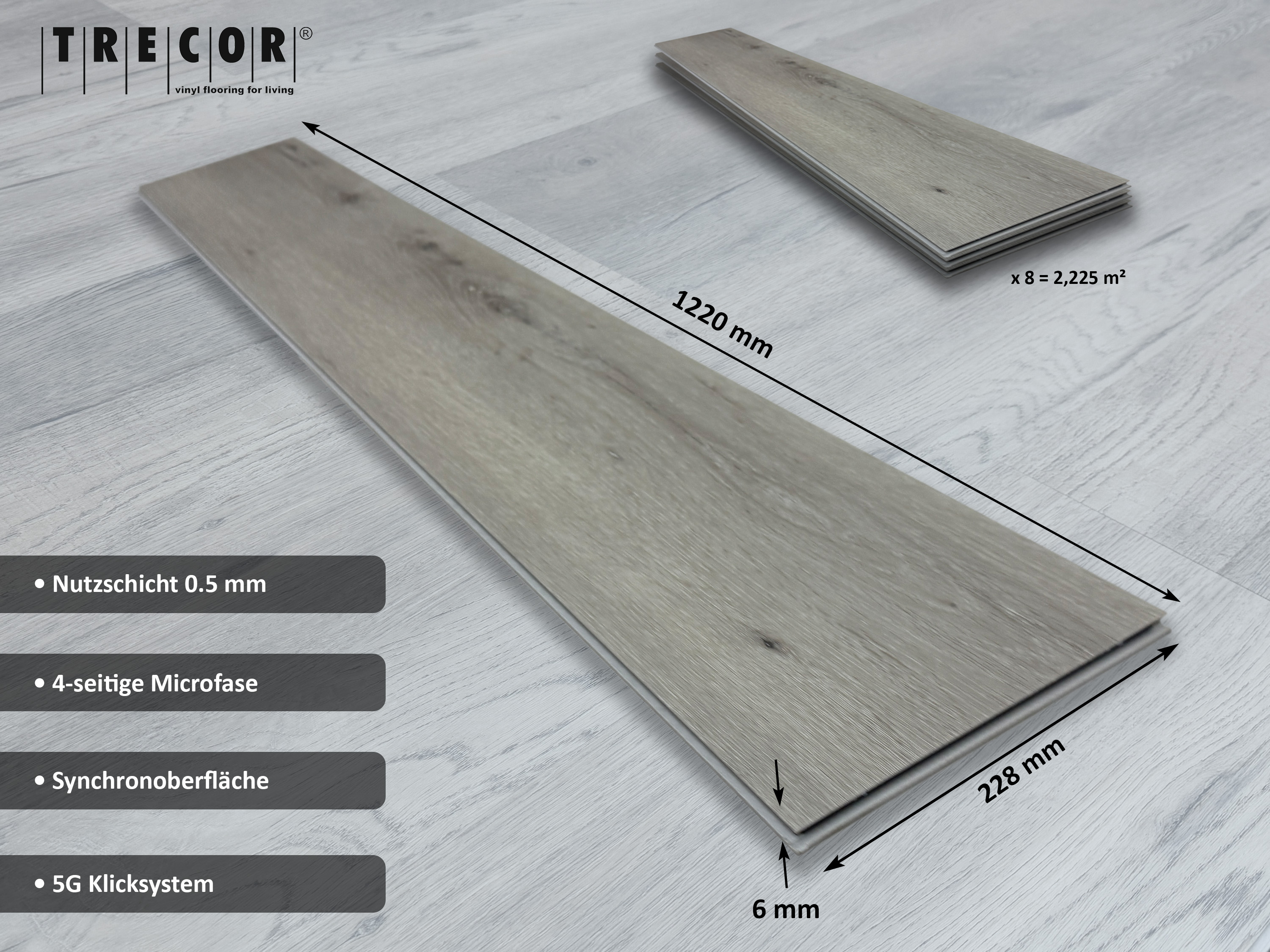 TRECOR® SPC / RIGID Klick Vinylboden Eiche Rustique Weiß Landhausdiele - 5 mm - Synchronoberfläche - 5G Klick