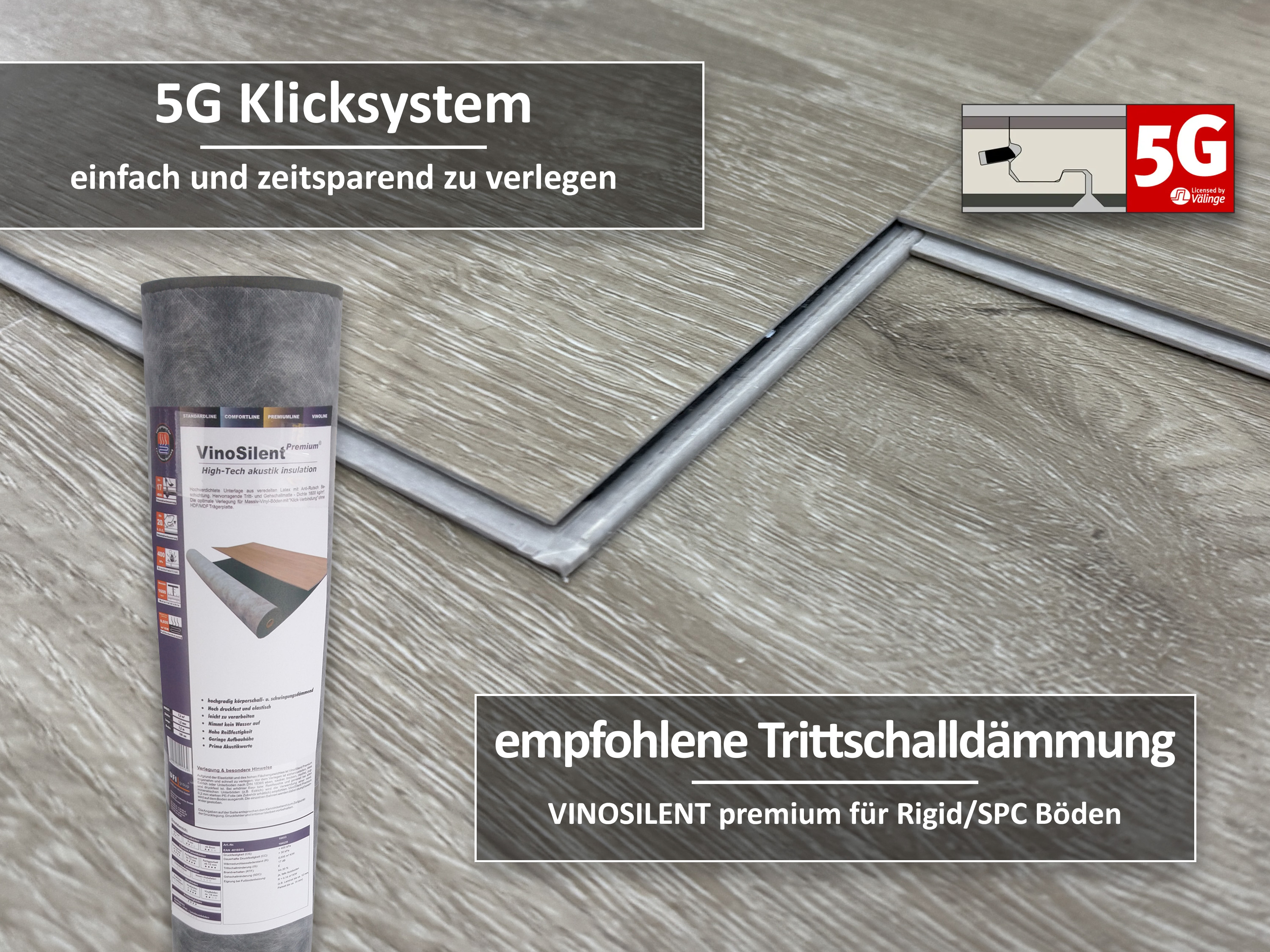 TRECOR® SPC / RIGID Klick Vinylboden Eiche Premium Hell Landhausdiele - 5 mm - Synchronoberfläche - 5G Klick