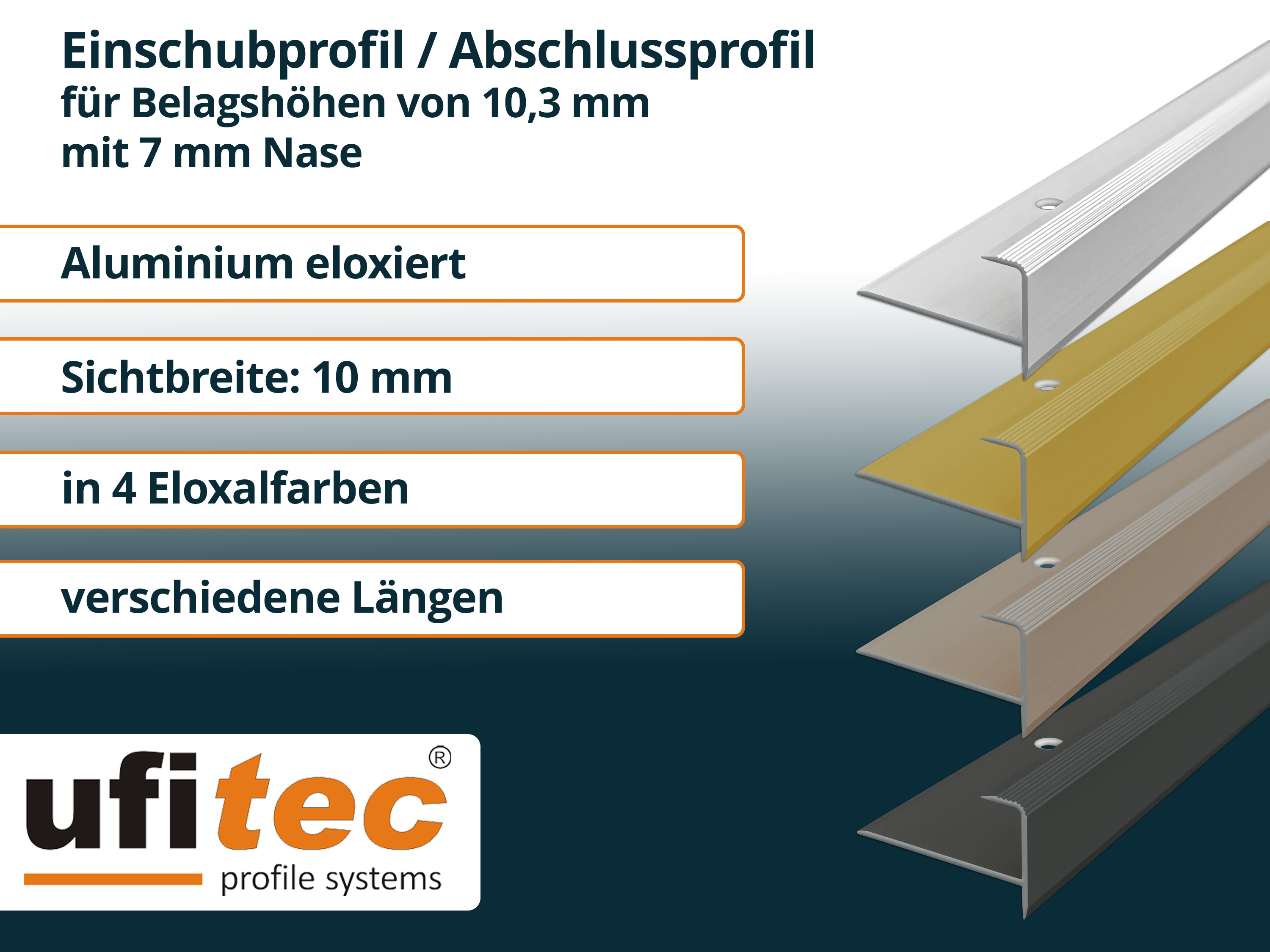 ufitec® Einschubprofil für Belagshöhen bis 10,3 mm mit 7 mm Nase Treppen-/Stufen Abschlussprofil