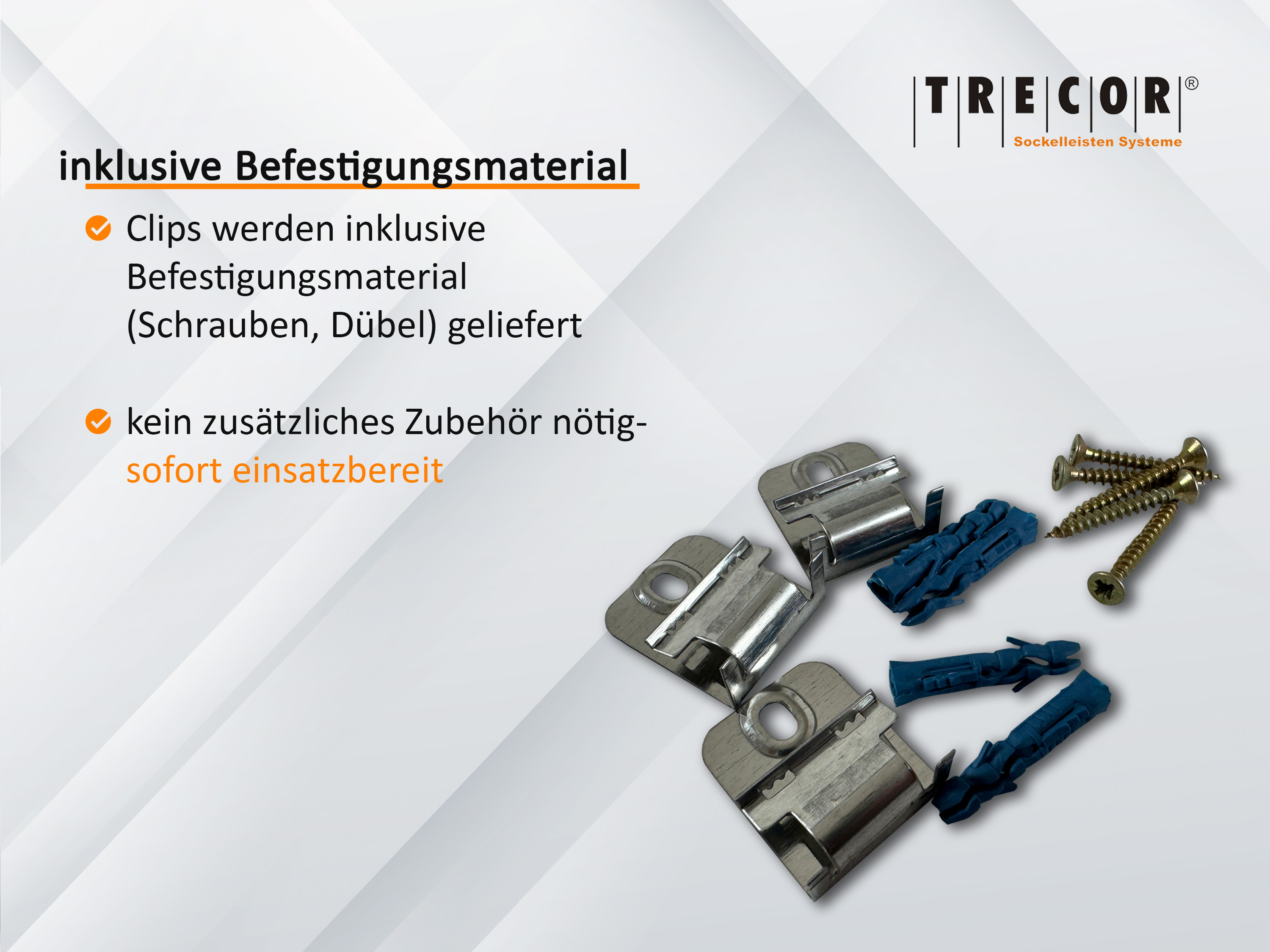 CLIPSTAR® Montageclip / Befestigungsclip für TRECOR® Sockelleisten mit Clipstar Fräsung, 50 er Pack