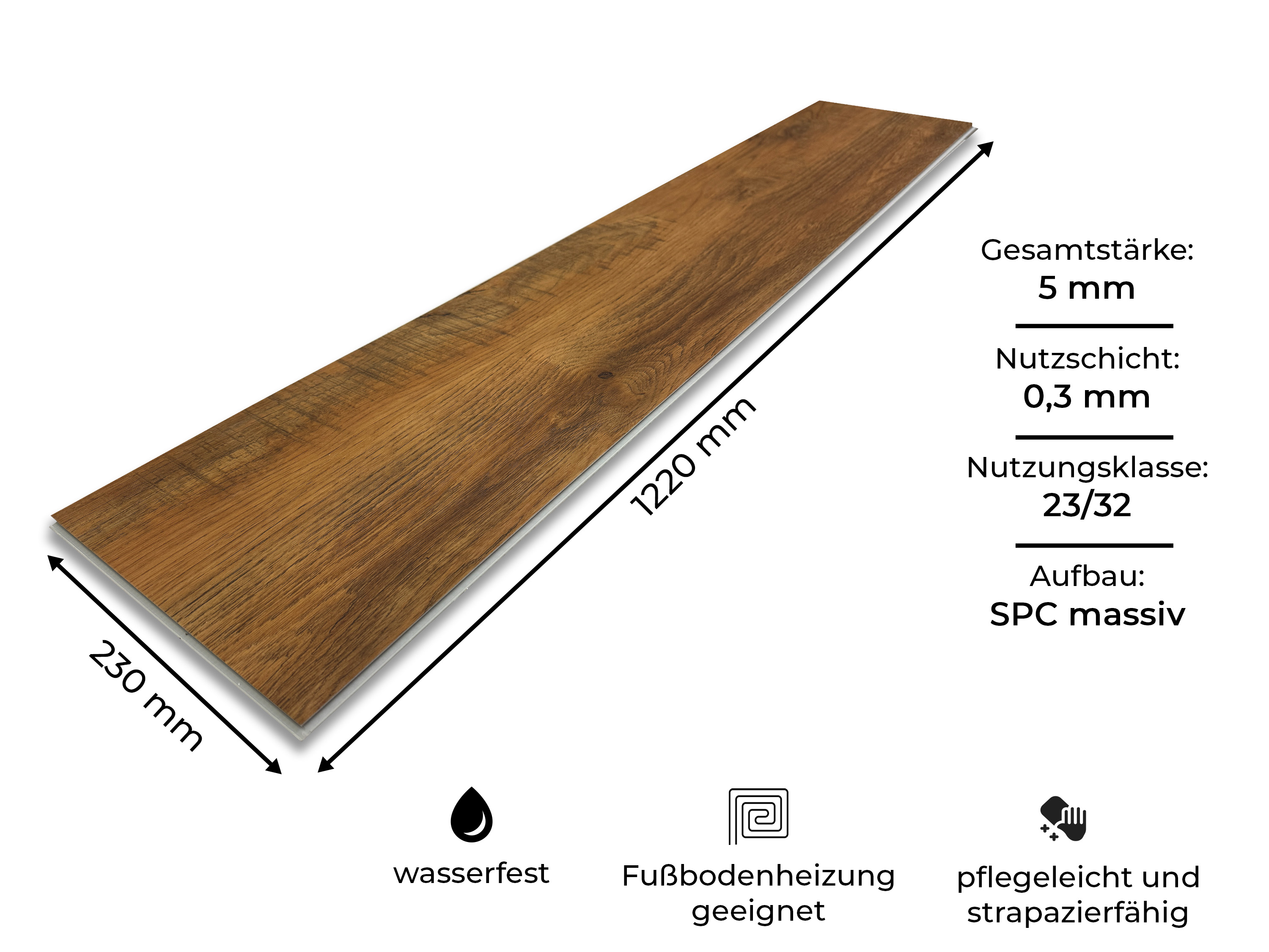 TRECOR® SPC Rigid Klick-Vinylboden Eiche Rustikal Dunkel Landhausdiele – wasserfest, 5 mm stark, 0,3 mm Nutzschicht