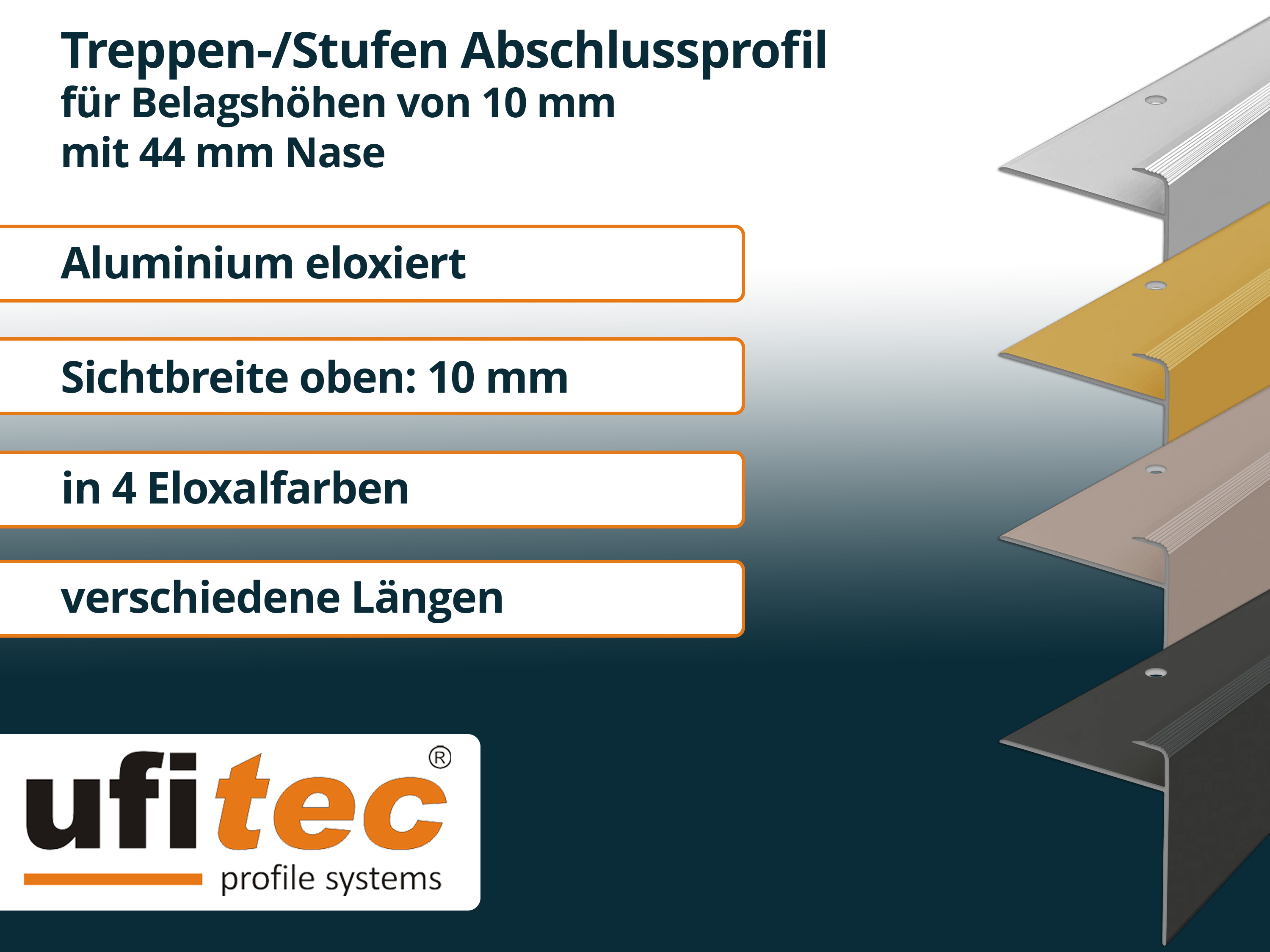 ufitec® Einschubprofil für Belagshöhe bis 10 mm | 44 mm Nase Treppen-/Stufen Abschlussprofil