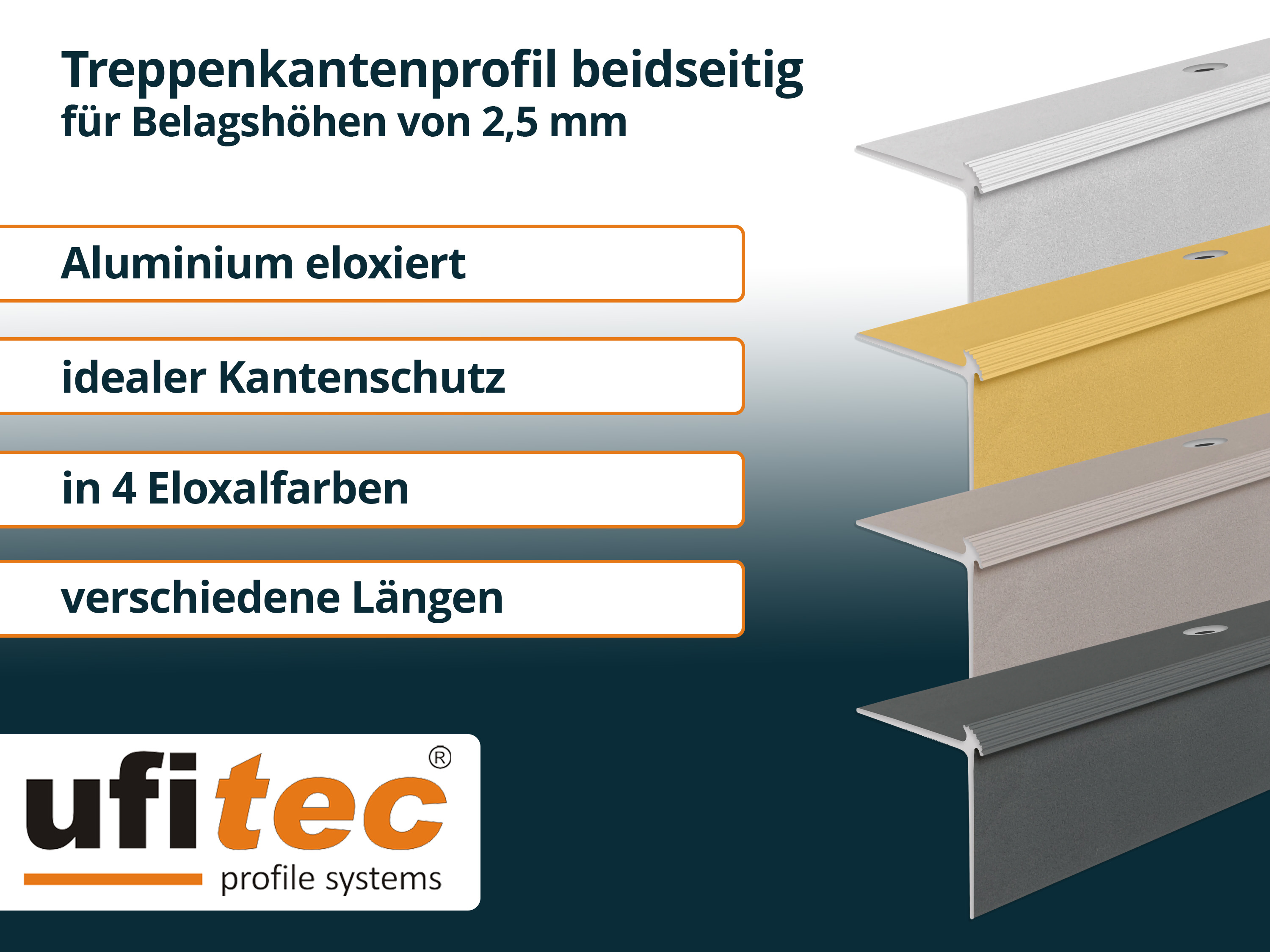 ufitec® Treppenkantenprofil beidseitig für Vinylböden für Belagshöhen von 2,5 mm - Alu eloxiert