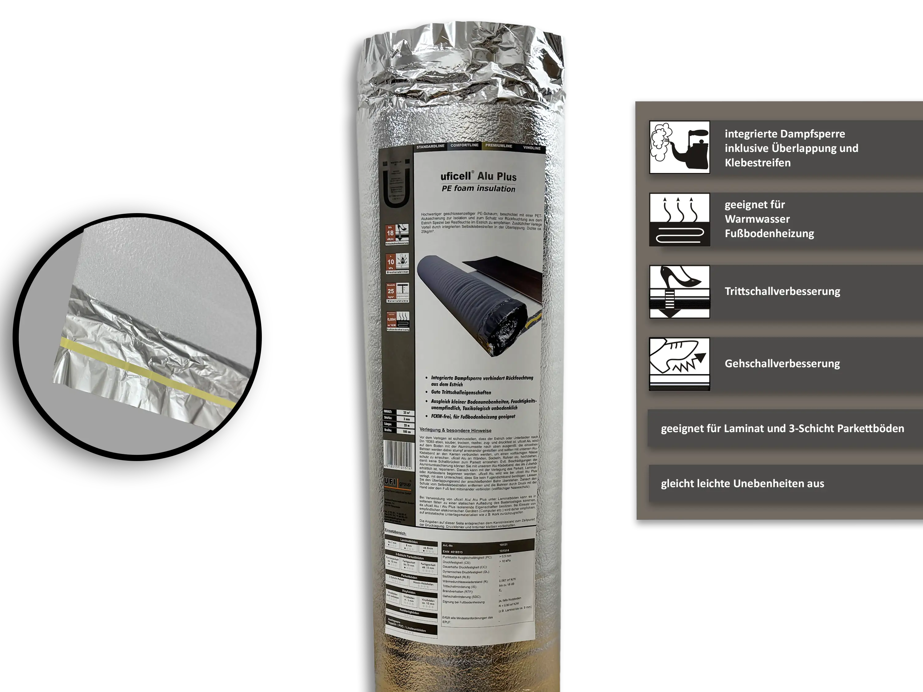 uficell® ALUPLUS PE-Schaum Laminat Verlegeunterlage Trittschalldämmung für Fußbodenheizung 