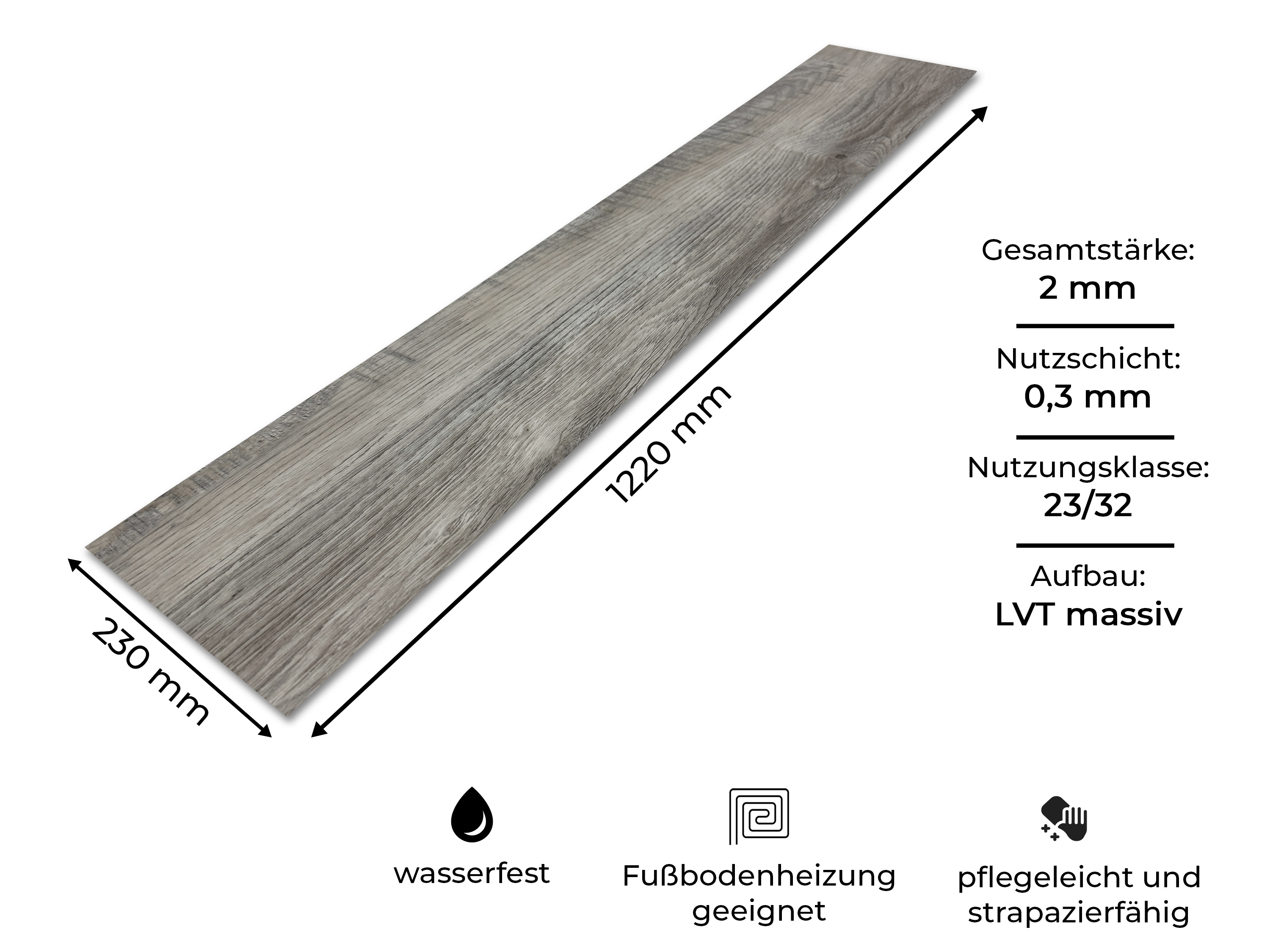TRECOR® LVT Dryback Klebe-Vinylboden Eiche Rustikal Grau Landhausdiele – wasserfest, 2 mm stark, 0,3 mm Nutzschicht