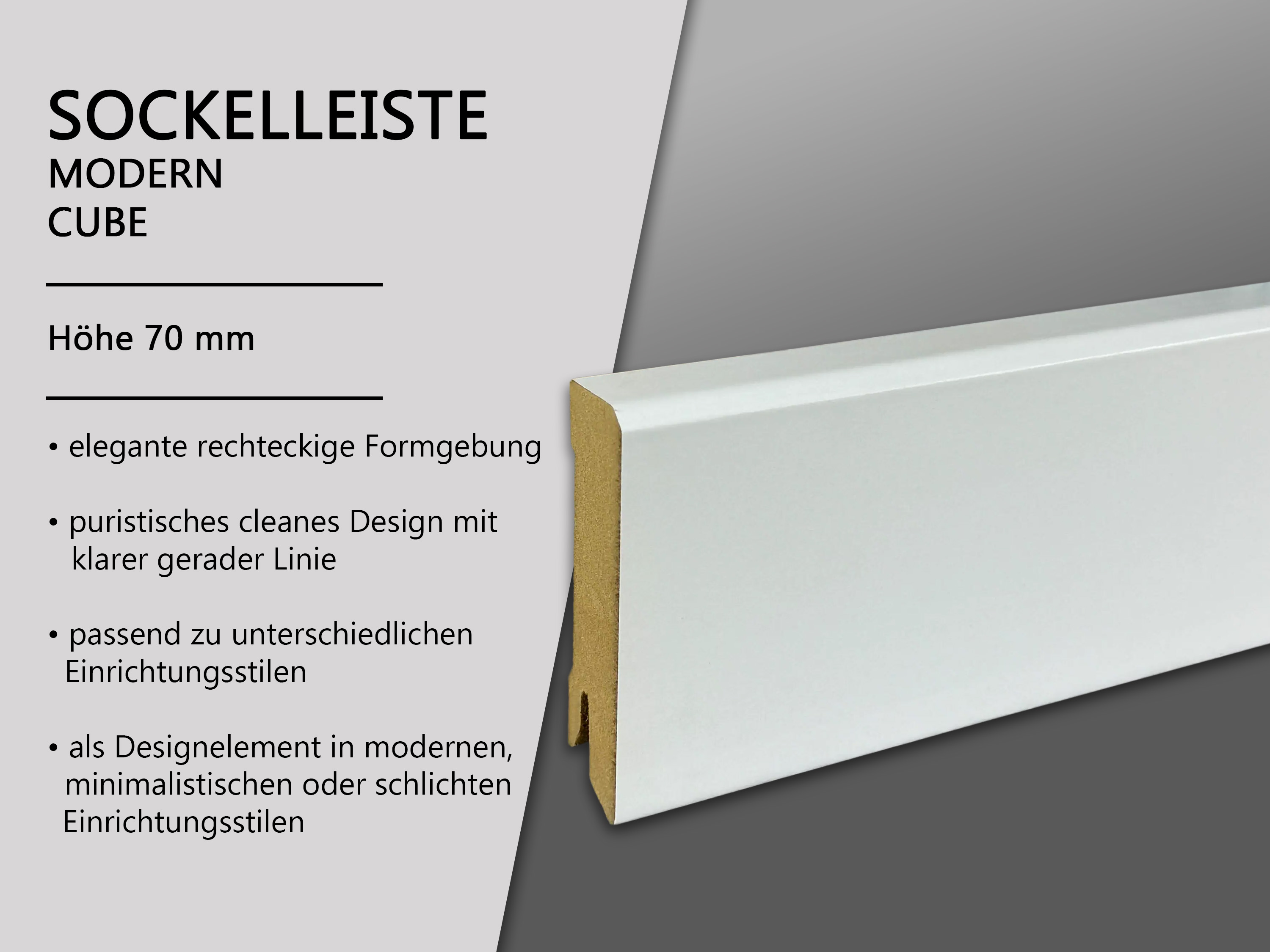 TRECOR® CUBE Sockelleiste, Fußleiste 18 x 70 mm in Weiß RAL 9016 - CLIPSTAR Fräsung