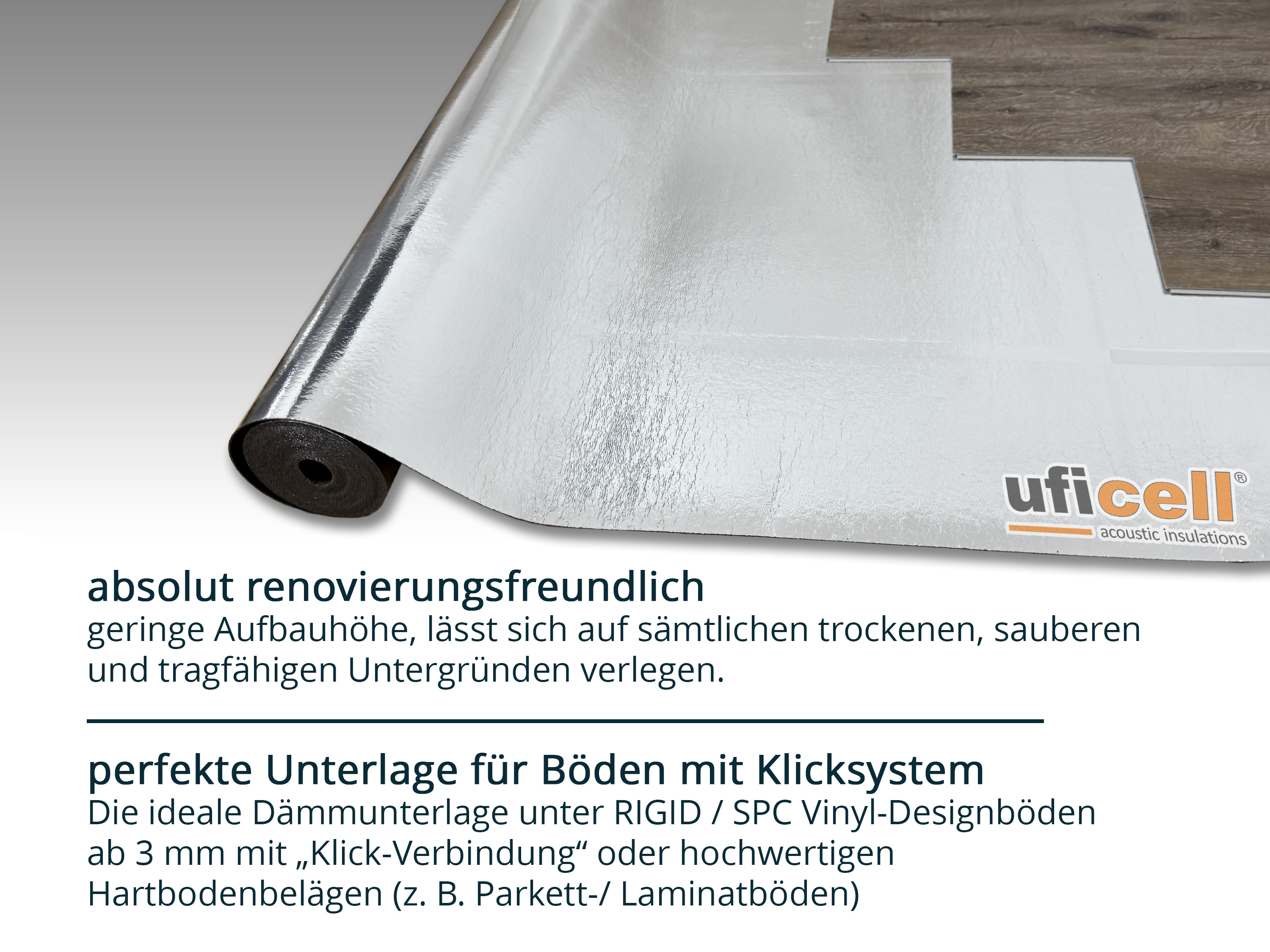 uficell® VINOSOUND RIGID ALU premium Vinylunterlage Trittschallmatte für Rigid/SPC Vinylboden B-Ware