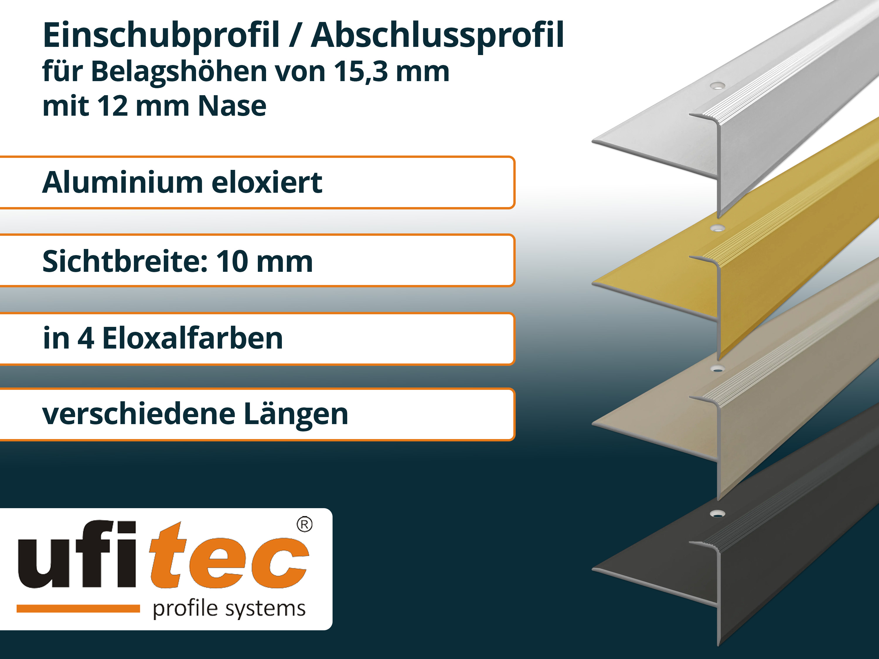 ufitec® Einschubprofil für Belagshöhen bis 15,3 mm mit 12 mm Nase Treppen-/Stufen Abschlussprofi