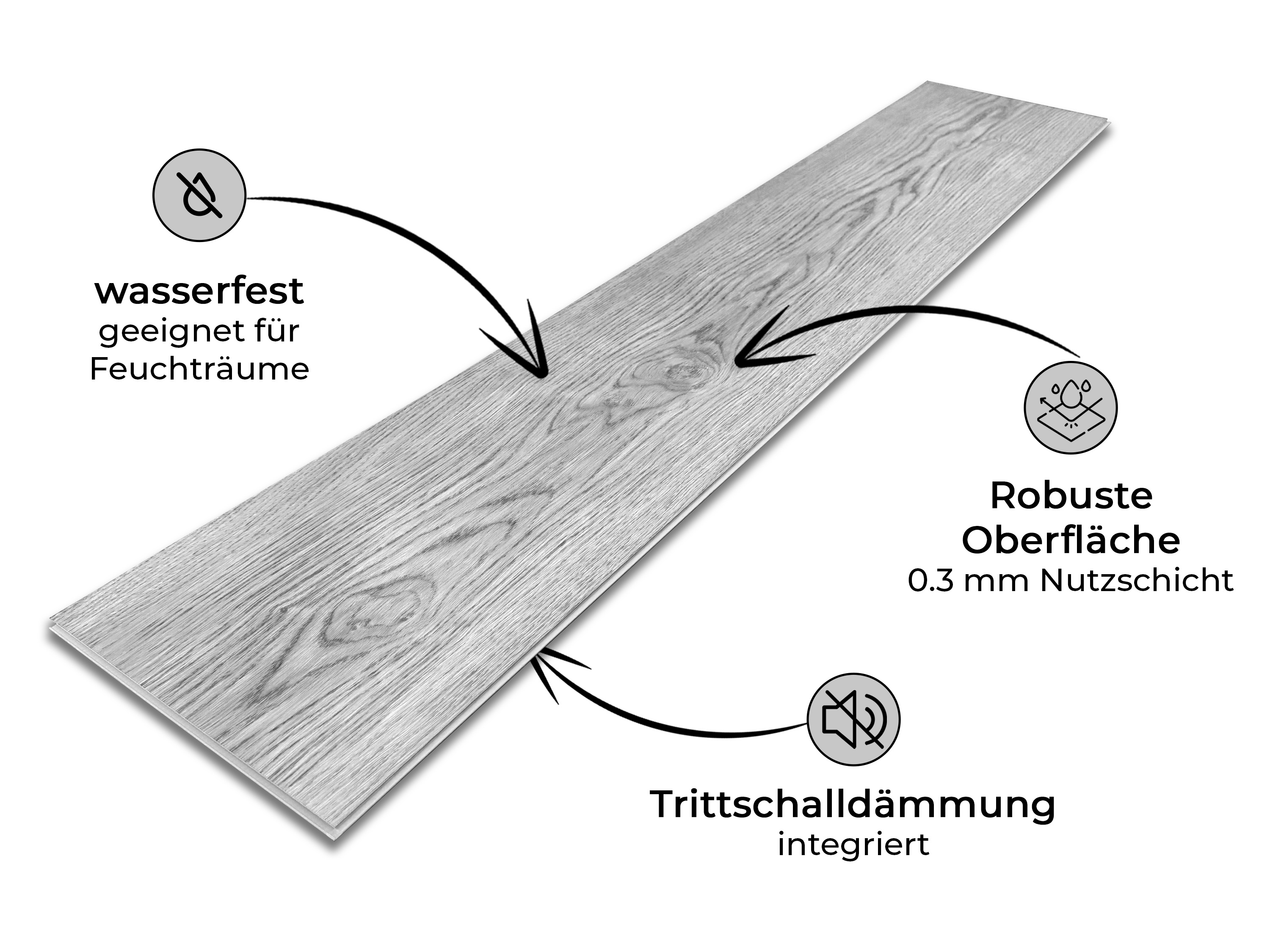 Vinylboden Eiche weiss Silent Klickvinyl 4.5 mm Stark inkl. 1 mm Trittschalldämmung und 0,3 mm Nutzschicht SPC Trägerplatte